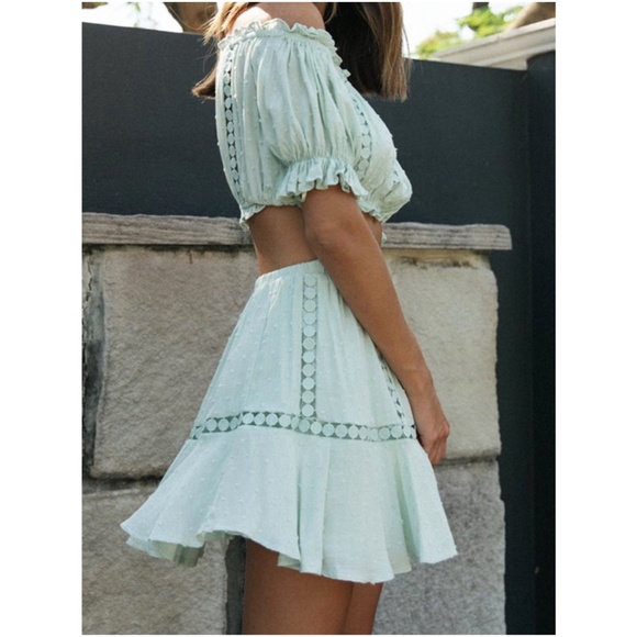 Boho Mint swiss dot off shoulder Puff Sleeve crop top skirt Set - Picture 8 of 9